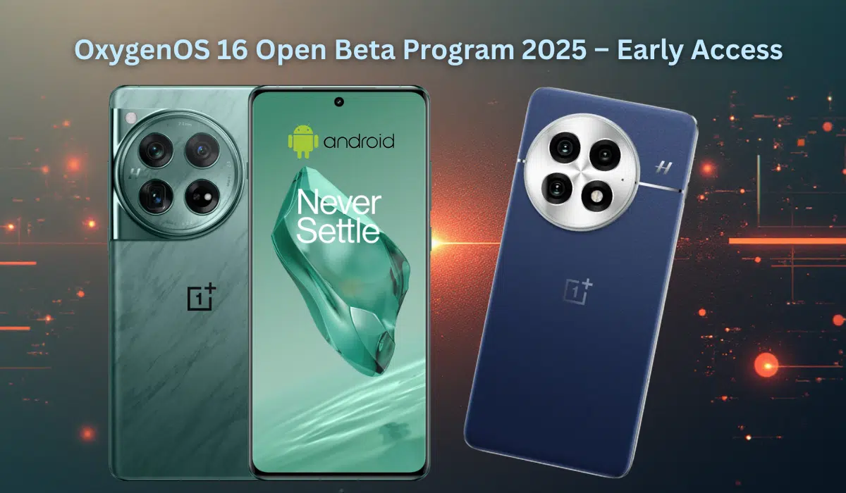 OnePlus smartphones displaying OxygenOS 16 Open Beta Program interface with Android branding and Never Settle slogan on vibrant blue-orange gradient background
