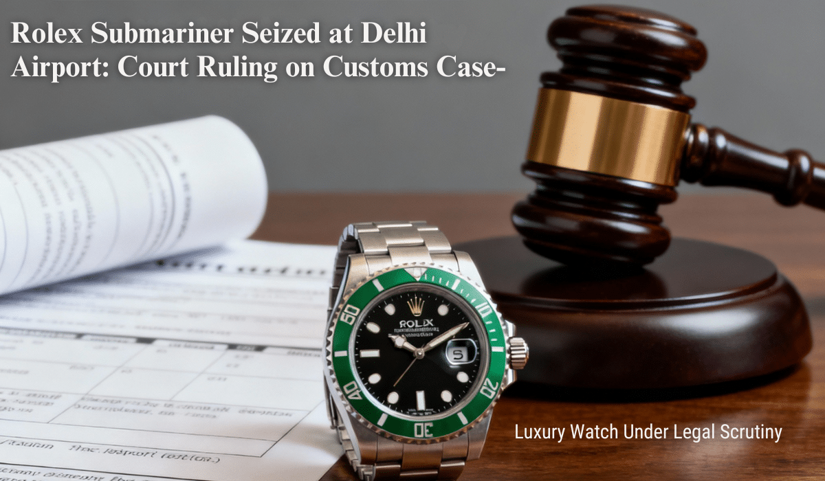 Rolex Submariner green bezel black dial watch seized Dubai traveler Delhi airport customs case legal documents judge gavel court ruling