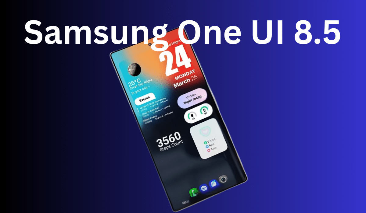 Samsung One UI 8.5 interface mockup showing customizable widgets, lock screen design with weather information, calendar widget, and step counter on Galaxy smartphone display