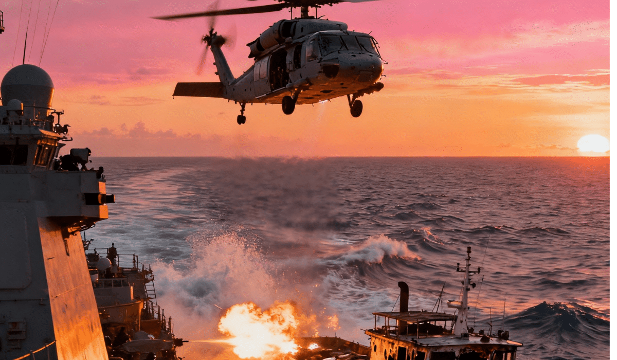 US military helicopter conducting strike operation on alleged drug trafficking vessel in Pacific Ocean at sunset