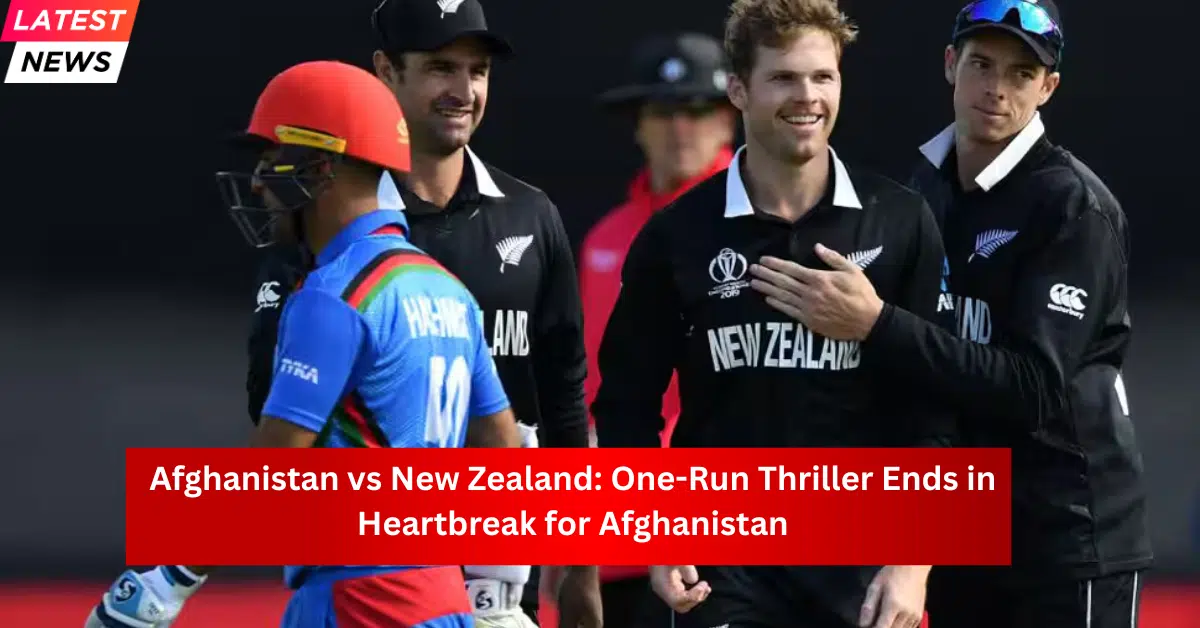 New Zealand cricket players in black jerseys console Afghanistan’s batsman after a dramatic one-run finish during an international match.