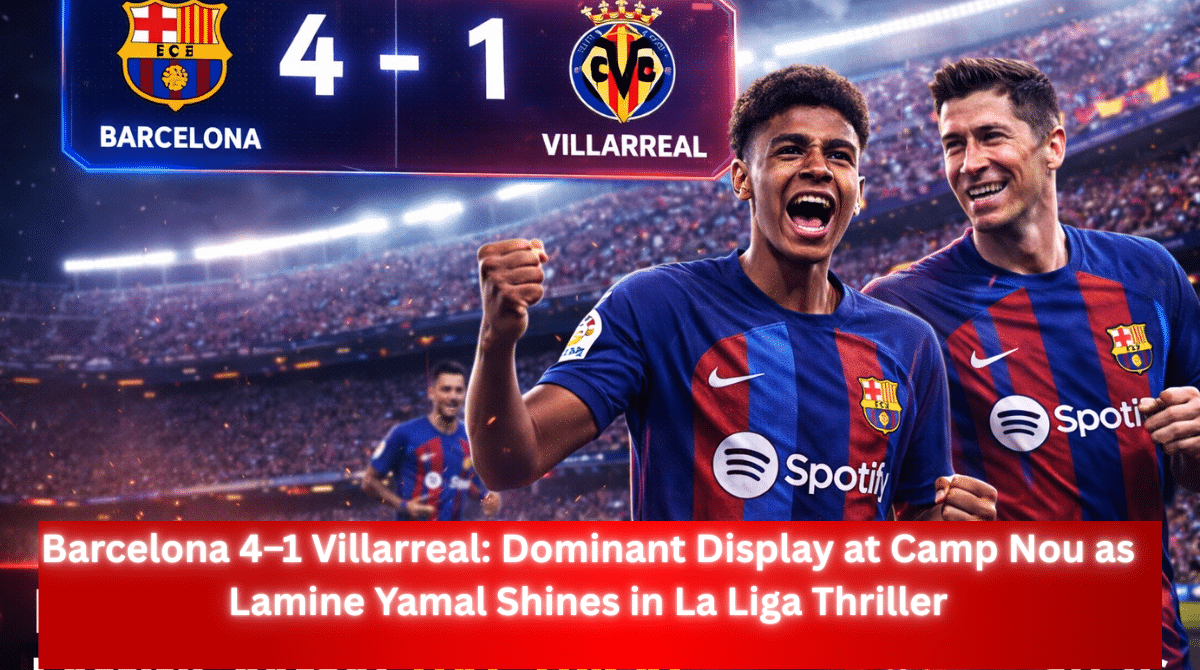 A sports graphic commemorating a match between FC Barcelona and Villarreal. At the top, a glowing scoreboard reads "4–1" between the two club crests. In the center, a stylized Lamine Yamal celebrates with a clenched fist, while Robert Lewandowski smiles in the background. A red banner at the bottom displays the headline: "Barcelona 4–1 Villarreal: Dominant Display at Camp Nou as Lamine Yamal Shines in La Liga Thriller."