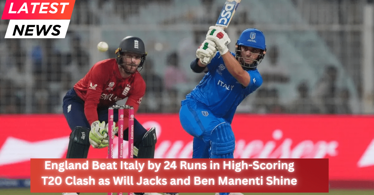 England vs Italy T20 match action as Italy batter plays a shot with England wicketkeeper behind the stumps