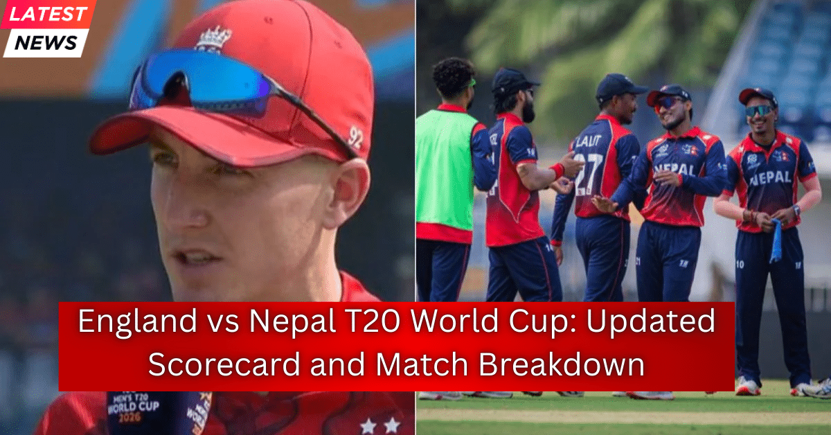 Split-screen image showing an England cricketer in a red cap on the left and Nepal’s T20 cricket team celebrating on the field on the right during a World Cup match.