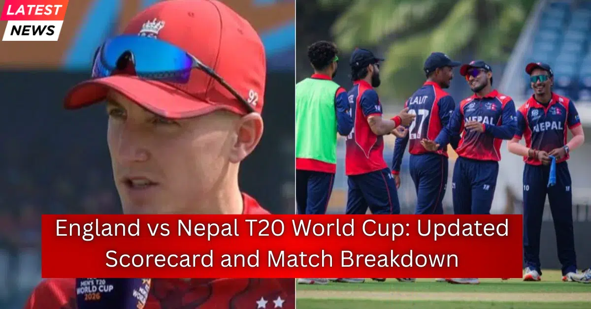 Split-screen image showing an England cricketer in a red cap on the left and Nepal’s T20 cricket team celebrating on the field on the right during a World Cup match.
