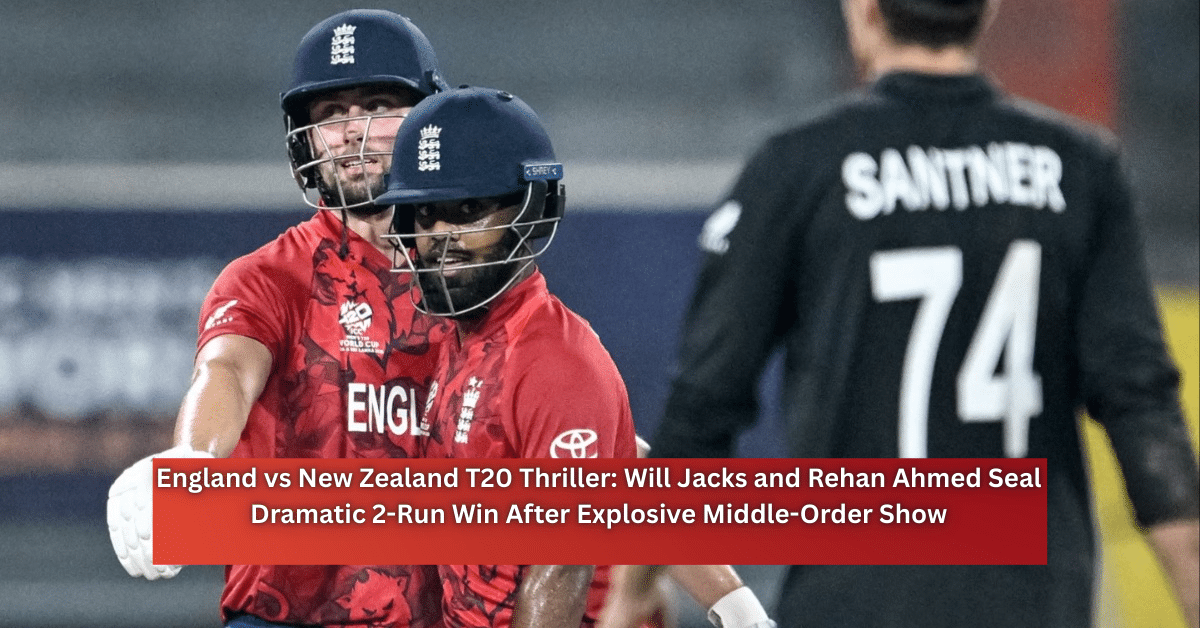England batters in red celebrate during a tense T20 match against New Zealand as a New Zealand player stands in the foreground.