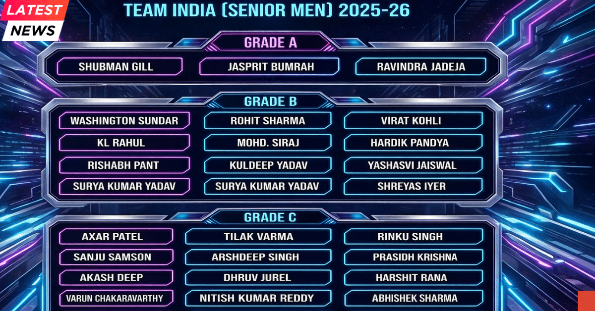 Team India senior men central contract list 2025–26 graphic showing Grade A, B, and C players including Shubman Gill, Jasprit Bumrah, Virat Kohli, and Rohit Sharma