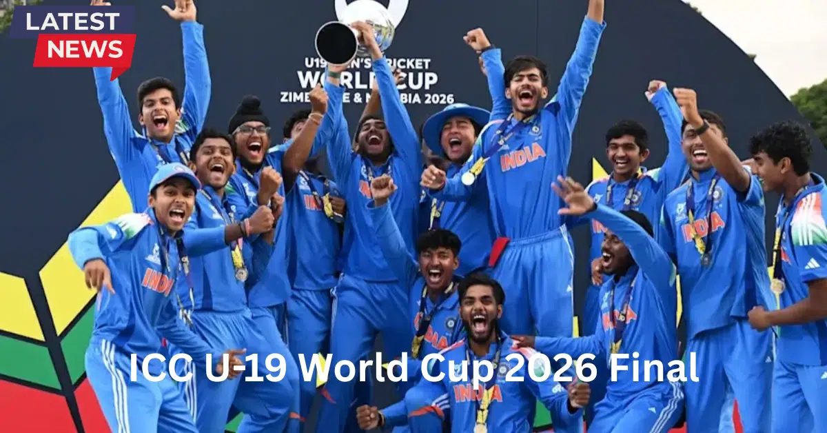 India’s Under-19 cricket team celebrates on the podium after winning the ICC U-19 World Cup 2026, lifting the trophy in jubilation.