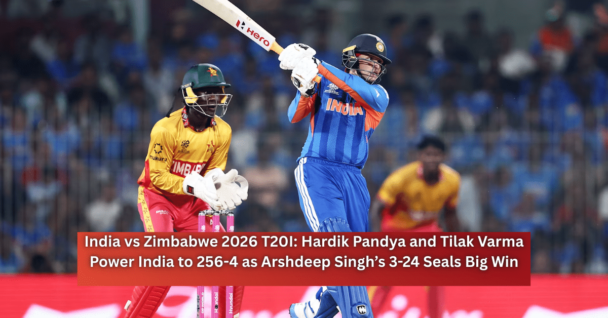 India batter plays an aggressive shot during the India vs Zimbabwe 2026 T20I match as the Zimbabwe wicketkeeper watches behind the stumps.