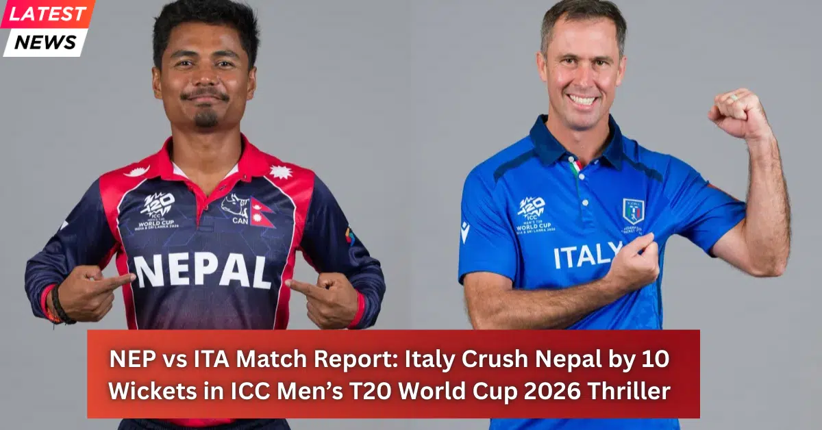 NEP vs ITA ICC Men’s T20 World Cup 2026 match graphic showing Nepal and Italy players posing in team jerseys after Italy’s dominant 10-wicket win