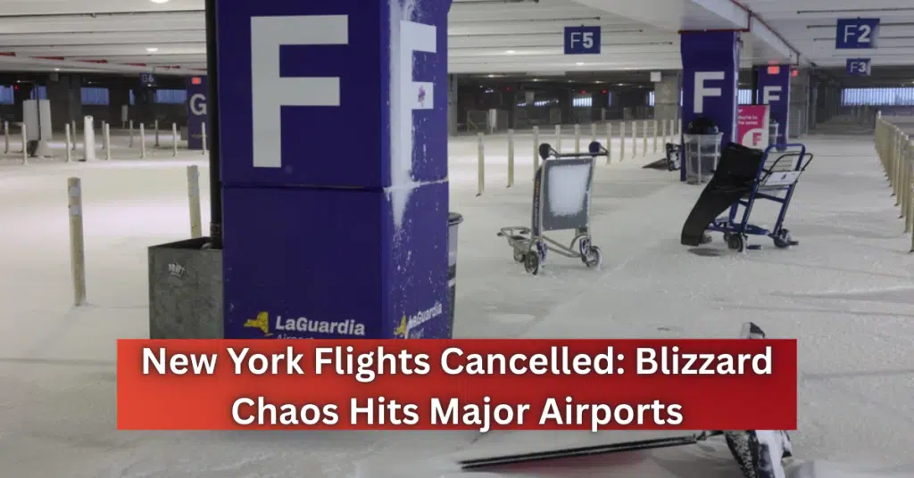 Snow-covered parking area at LaGuardia Airport with empty luggage carts during a major New York blizzard causing flight cancellations.
