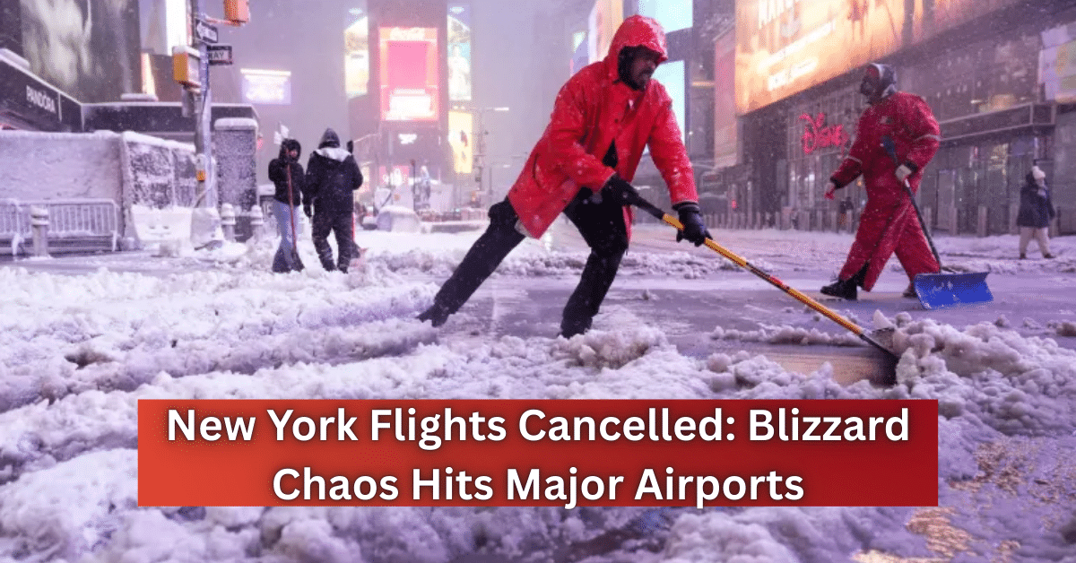 Workers clear heavy snow during a blizzard in a city street as New York flights are canceled and major airports face disruptions.
