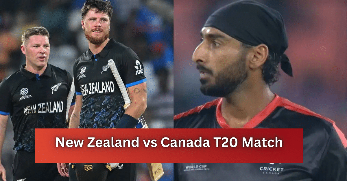 New Zealand vs Canada T20 match with New Zealand batters celebrating and Canada player Yuvraj Samra in action during a close contest.