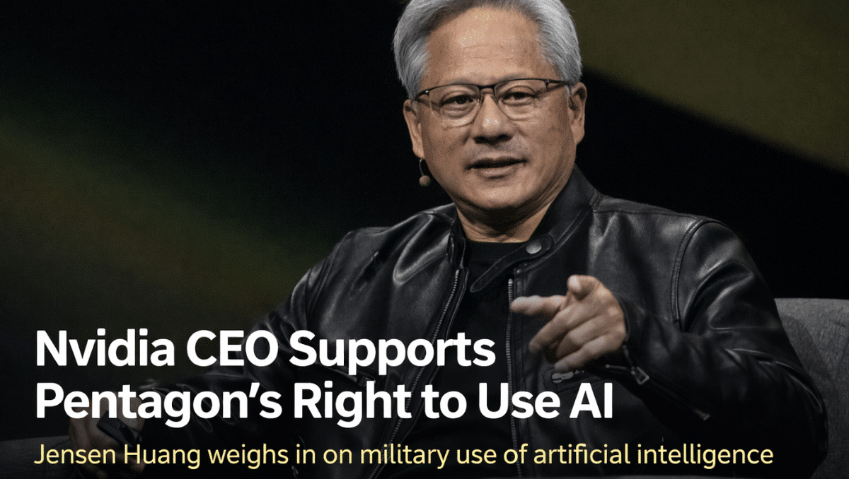 Nvidia CEO Jensen Huang speaking at a public event, addressing the use of artificial intelligence in military and defense applications.