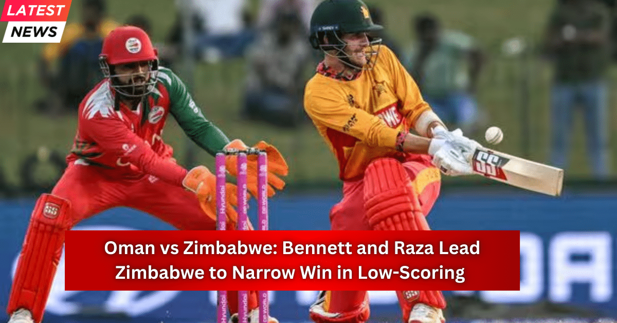 Zimbabwe batter plays a shot as Oman wicketkeeper prepares behind the stumps during a low-scoring cricket match.