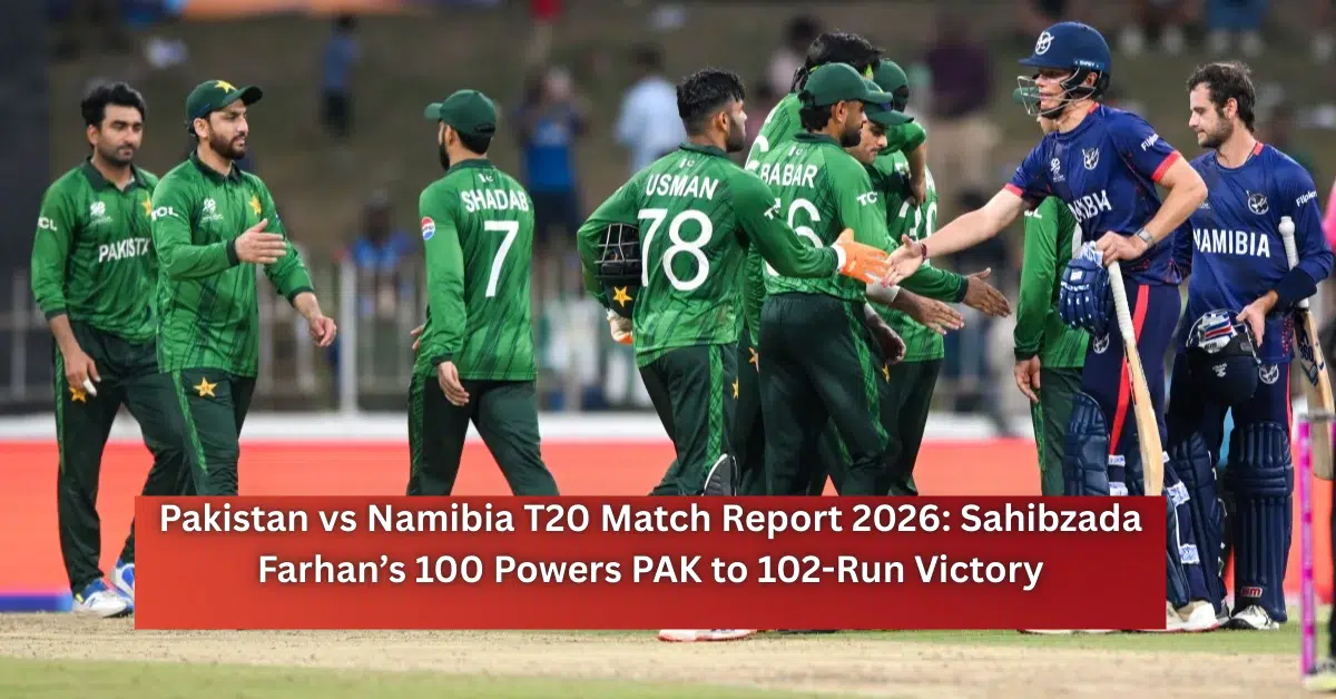 Pakistan and Namibia players shake hands after a T20 match, with Pakistan celebrating a dominant 102-run victory powered by Sahibzada Farhan’s century