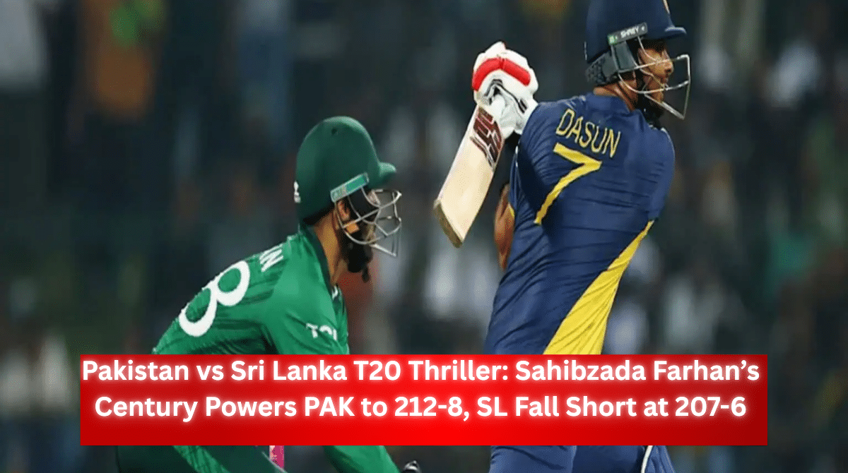 Dasun Shanaka playing an aggressive shot during Pakistan vs Sri Lanka T20 match while a Pakistan wicketkeeper watches behind the stumps.