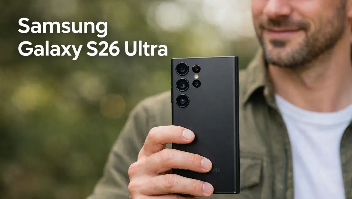 Man holding Samsung Galaxy S26 Ultra smartphone outdoors with device rear camera visible and title text on image.