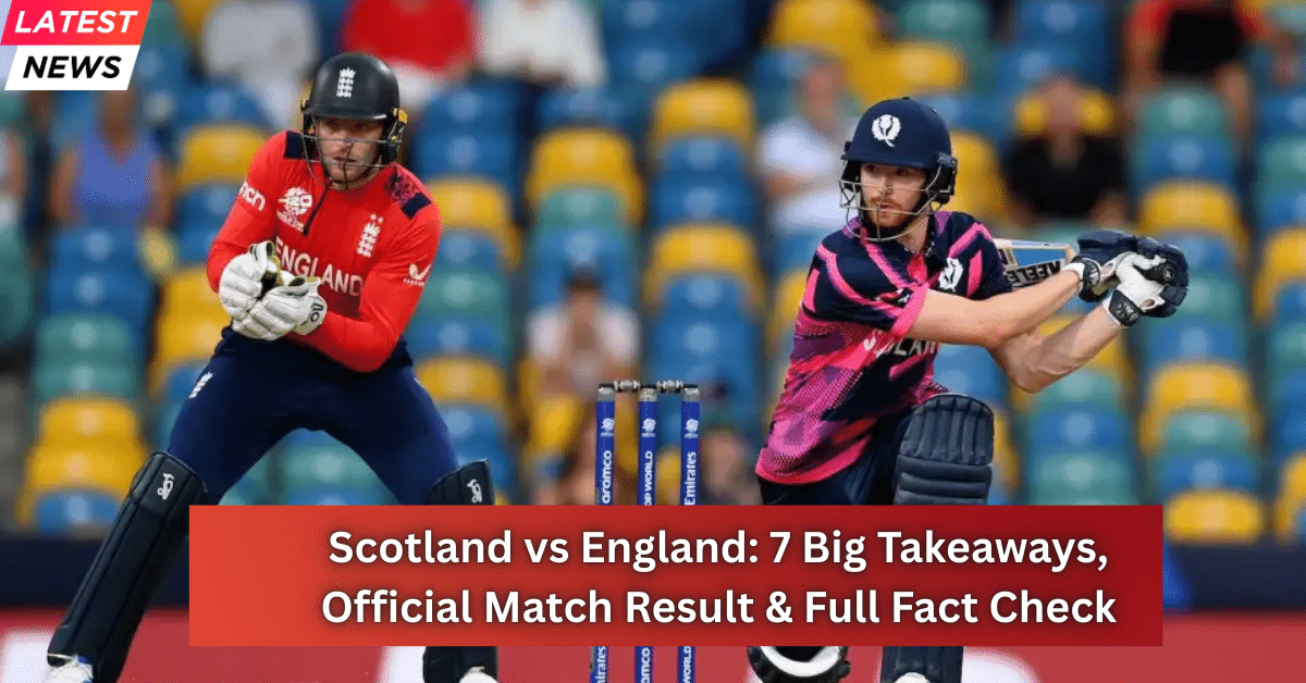 Scotland batter plays an aggressive shot as England wicketkeeper stands ready behind the stumps during a Scotland vs England T20 match, with a bold match analysis headline overlay.