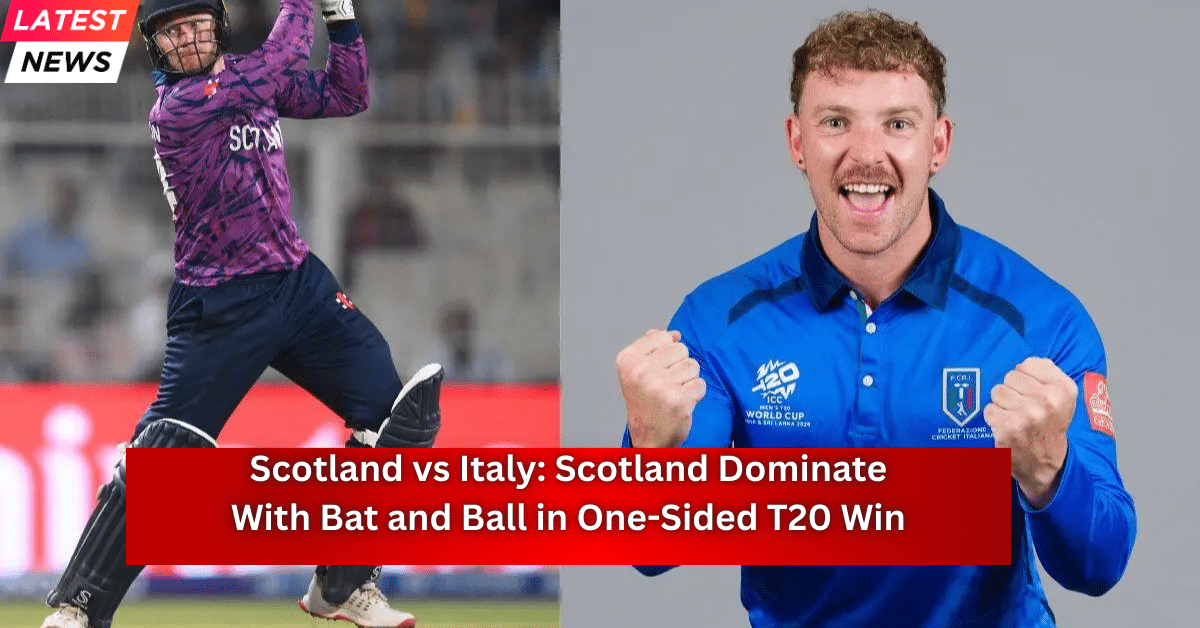 Scotland cricket player celebrates after a dominant performance against Italy in a one-sided T20 match.