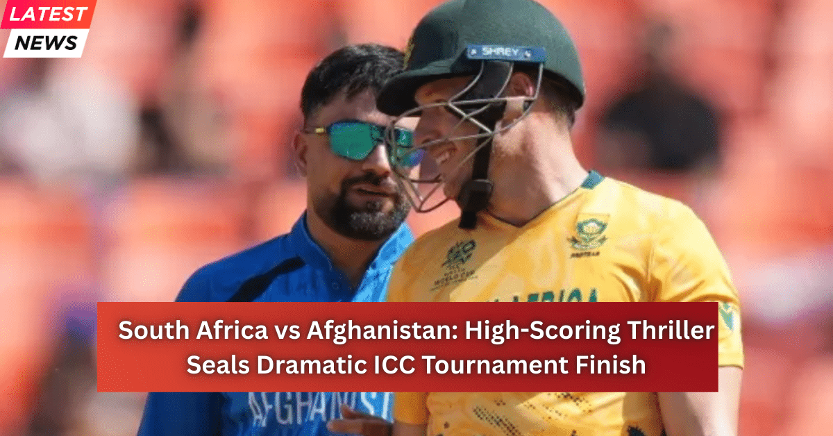 South Africa vs Afghanistan cricket match image showing a South African batter in helmet talking with an Afghanistan player during a high-scoring ICC tournament clash