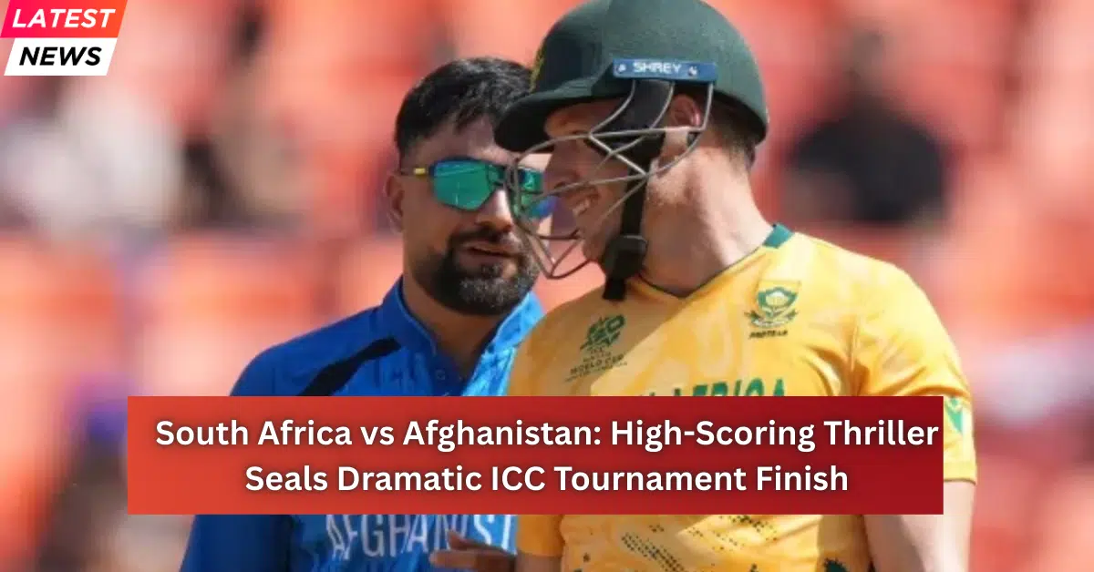 South Africa vs Afghanistan cricket match image showing a South African batter in helmet talking with an Afghanistan player during a high-scoring ICC tournament clash