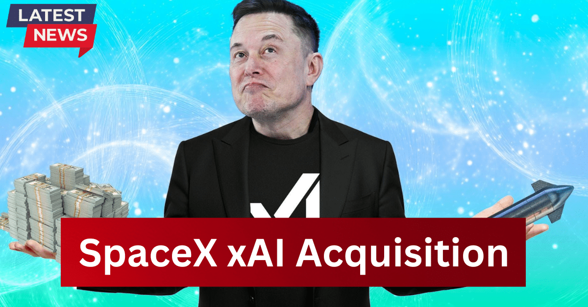Latest news thumbnail showing Elon Musk with a puzzled expression, holding stacks of cash on one side and a rocket on the other, with the headline “SpaceX xAI Acquisition.”