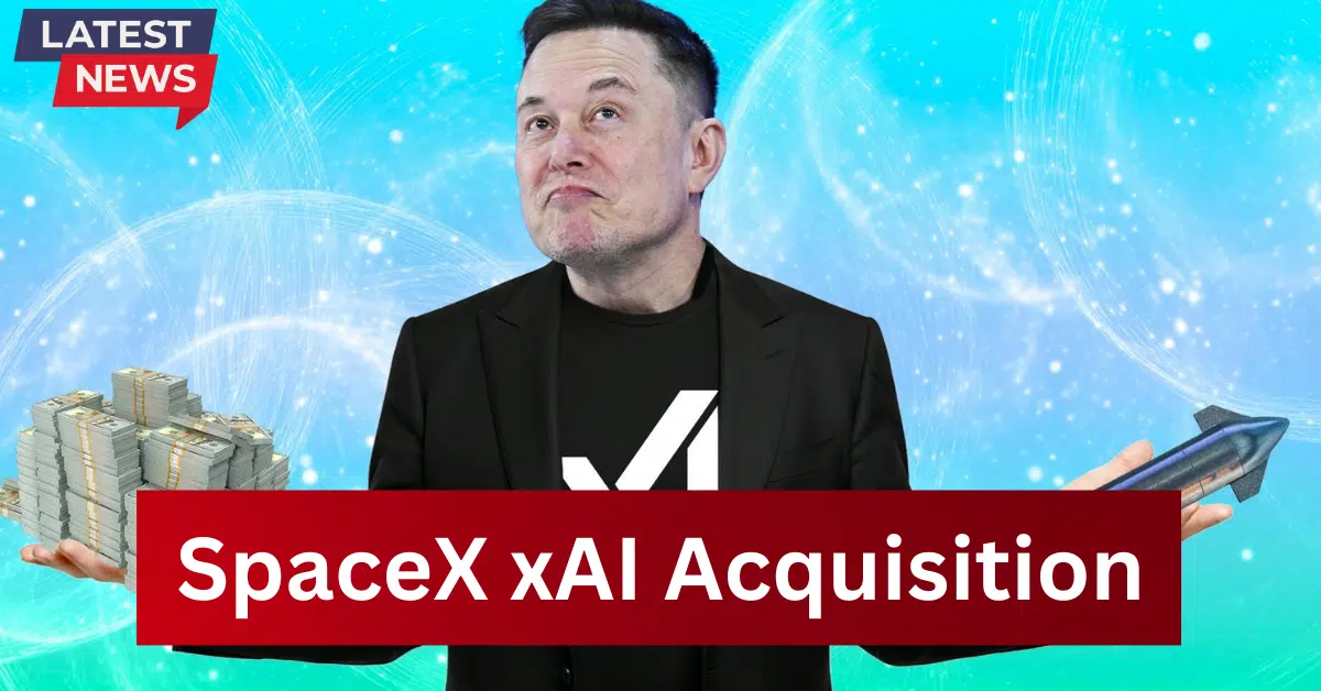 Latest news thumbnail showing Elon Musk with a puzzled expression, holding stacks of cash on one side and a rocket on the other, with the headline “SpaceX xAI Acquisition.”