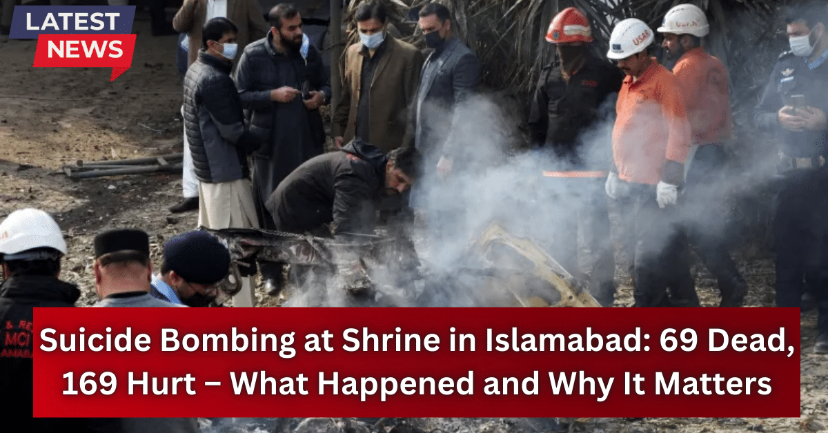 Rescue workers, police, and officials examine debris at the site of a deadly suicide bombing near a shrine in Islamabad, with smoke rising and emergency personnel wearing helmets and masks.