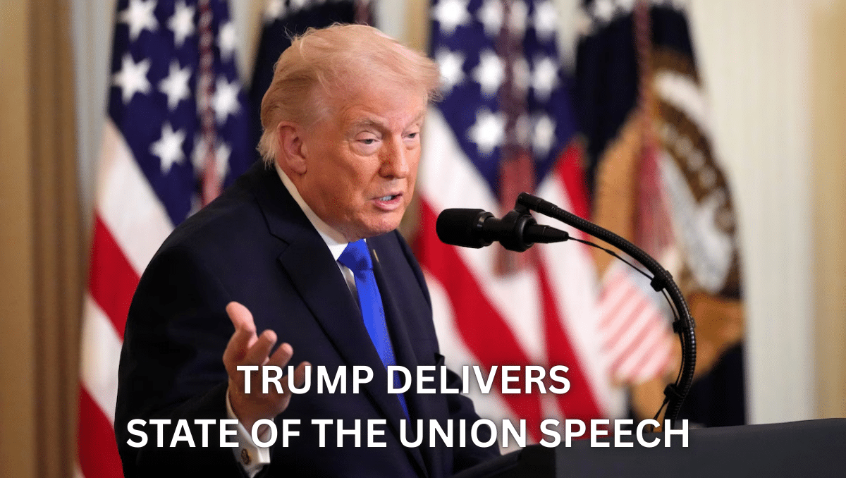 Donald Trump delivers his State of the Union speech at the White House, speaking from the podium with US flags in the background.