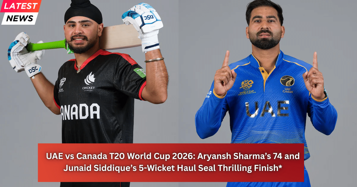 UAE and Canada cricket players pose ahead of a T20 World Cup 2026 match, highlighting key performers Aryansh Sharma and Junaid Siddique.