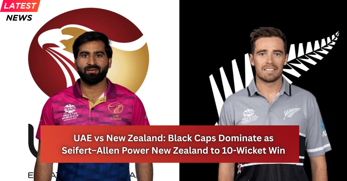 UAE vs New Zealand cricket match graphic showing UAE captain in team jersey alongside New Zealand Black Caps player after a dominant 10-wicket win