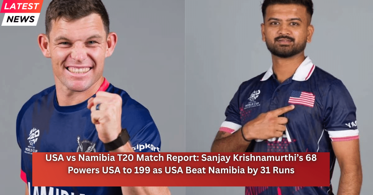 USA and Namibia cricketers pose in official team jerseys ahead of a T20 match, highlighting USA’s strong performance led by Sanjay Krishnamurthi against Namibia.