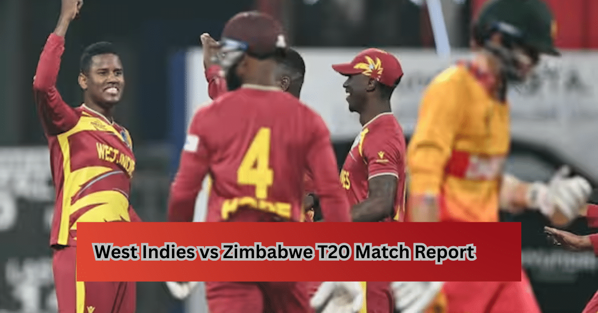 West Indies players celebrate a wicket during a T20 match against Zimbabwe as a Zimbabwe batter walks off in the background