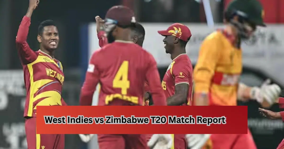 West Indies players celebrate a wicket during a T20 match against Zimbabwe as a Zimbabwe batter walks off in the background