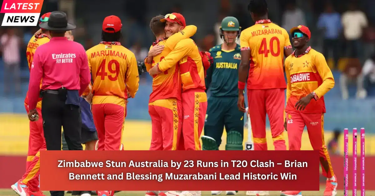 Zimbabwe cricket players celebrate after defeating Australia by 23 runs in a dramatic T20 match, with Australian players seen in the background.