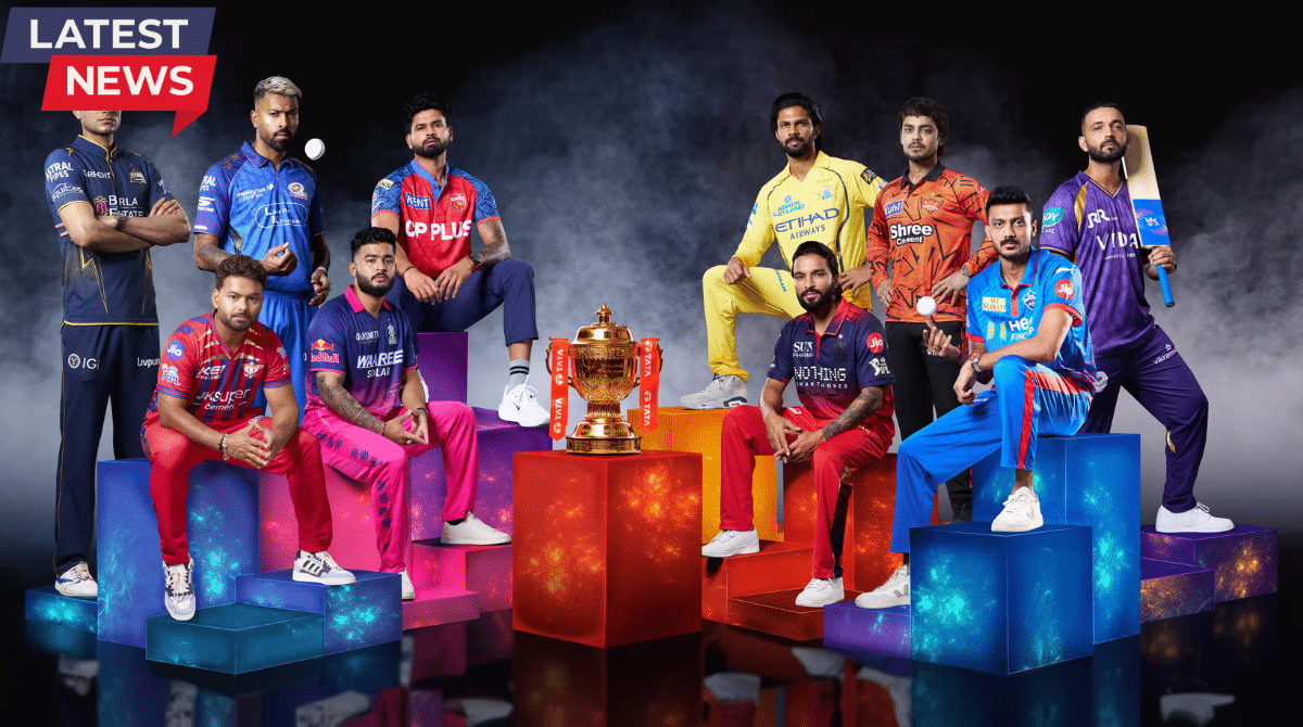 Group of IPL team captains in official jerseys posing around the TATA IPL trophy with a “Latest News” banner, showcasing multiple franchises ahead of the 2026 season.