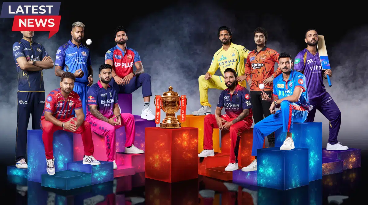 Group of IPL team captains in official jerseys posing around the TATA IPL trophy with a “Latest News” banner, showcasing multiple franchises ahead of the 2026 season.