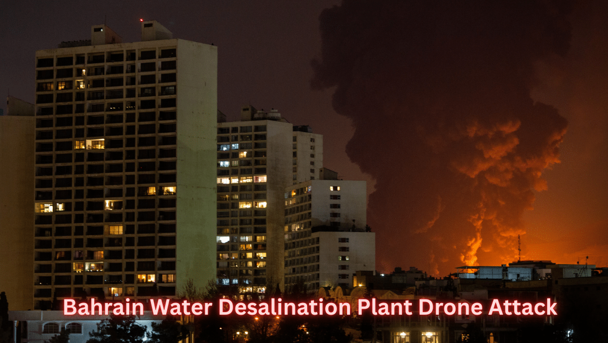 Bahrain water desalination plant drone attack with large fire and smoke seen near industrial area at night