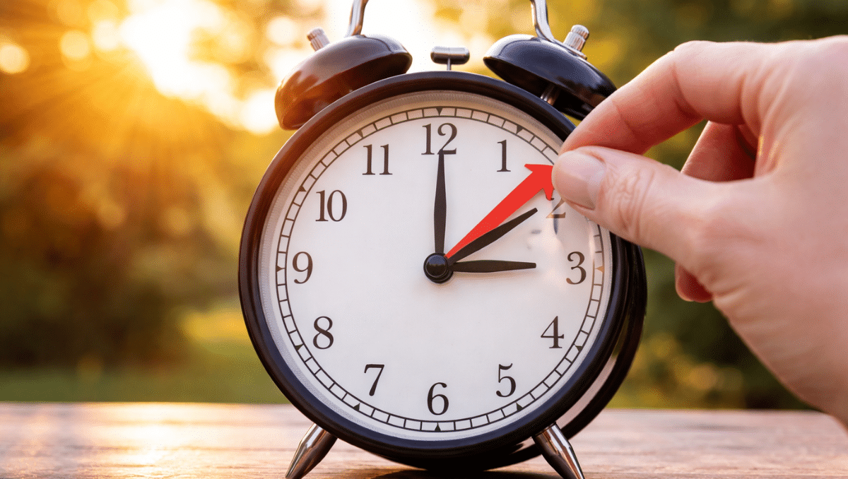 Hand adjusting an analog clock to show the daylight saving time change during sunrise