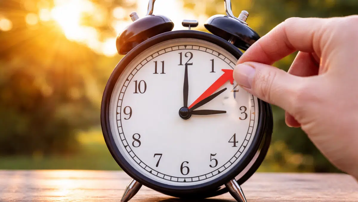 Hand adjusting an analog clock to show the daylight saving time change during sunrise