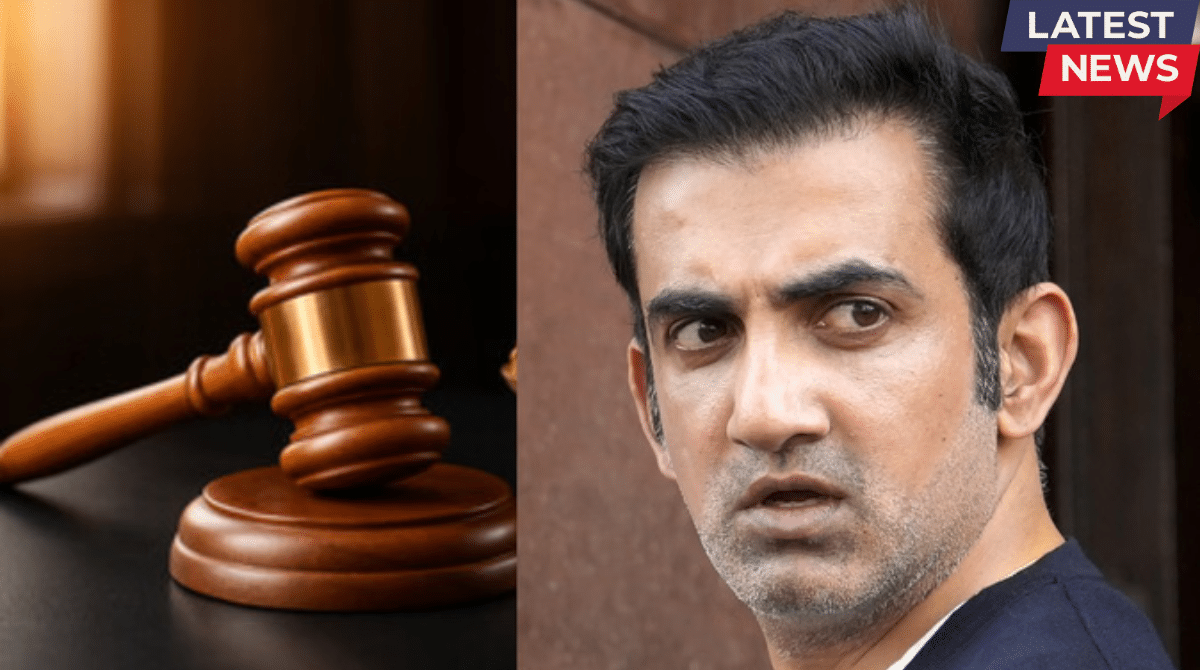 A split-screen thumbnail titled "LATEST NEWS" featuring a close-up of former Indian cricketer Gautam Gambhir on the right, looking off-camera with a serious expression. On the left is a wooden judge’s gavel resting on a sound block against a blurred background.