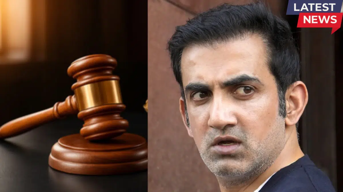 A split-screen thumbnail titled "LATEST NEWS" featuring a close-up of former Indian cricketer Gautam Gambhir on the right, looking off-camera with a serious expression. On the left is a wooden judge’s gavel resting on a sound block against a blurred background.