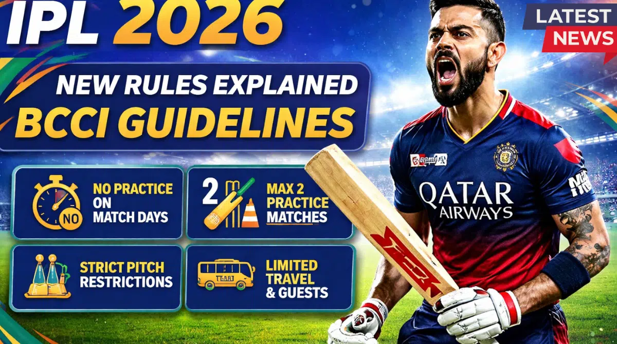 Virat Kohli in IPL jersey holding a bat with aggressive expression, alongside IPL 2026 new rules infographic highlighting BCCI guidelines like no practice on match days and limited travel.Virat Kohli in IPL jersey holding a bat with aggressive expression, alongside IPL 2026 new rules infographic highlighting BCCI guidelines like no practice on match days and limited travel.