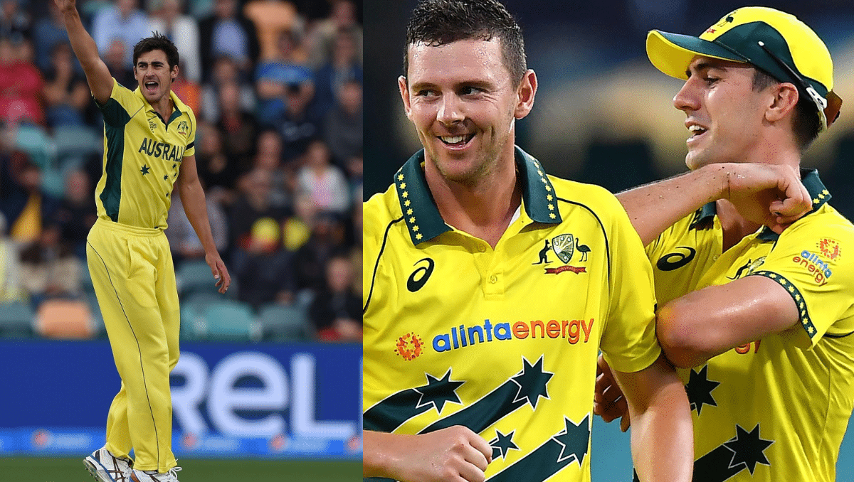 Mitchell Starc, Pat Cummins and Josh Hazlewood in Australia cricket jerseys during a match, highlighting IPL 2026 workload management absence