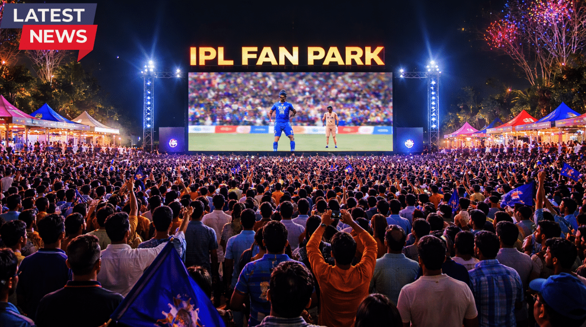 IPL Fan Park 2026 crowd watching live cricket match on giant LED screen at night with fireworks, lights, and cheering fans.IPL Fan Park 2026 crowd watching live cricket match on giant LED screen at night with fireworks, lights, and cheering fans.