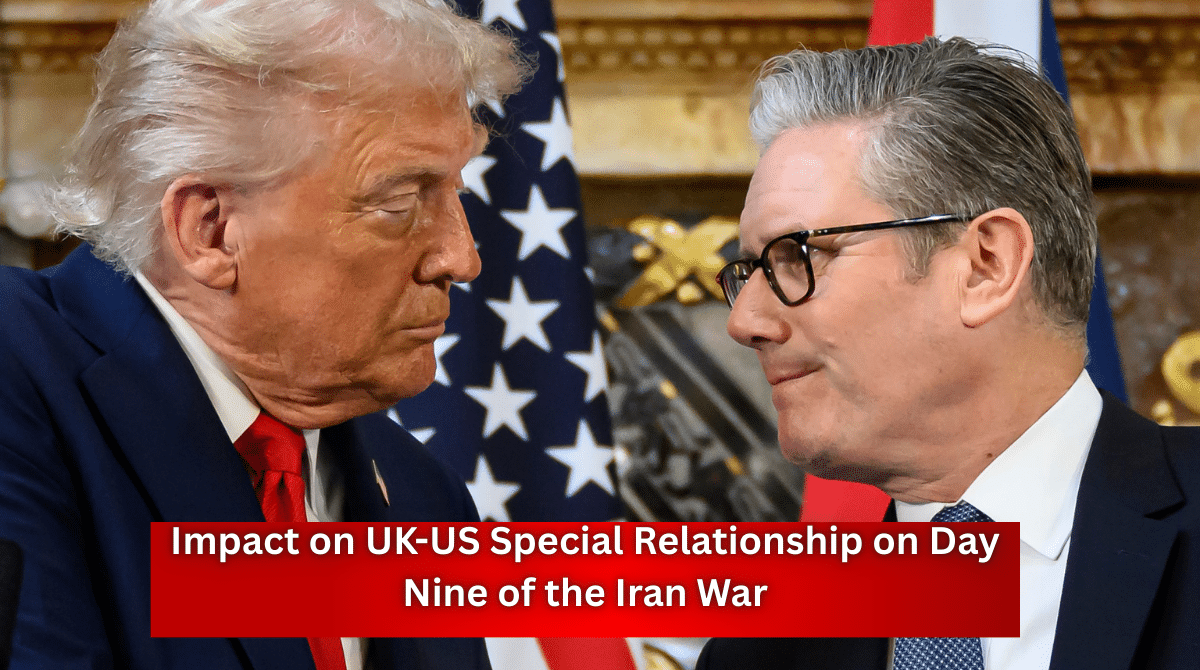 Two political leaders from the United States and the United Kingdom facing each other during a tense diplomatic moment amid the Iran war discussion.