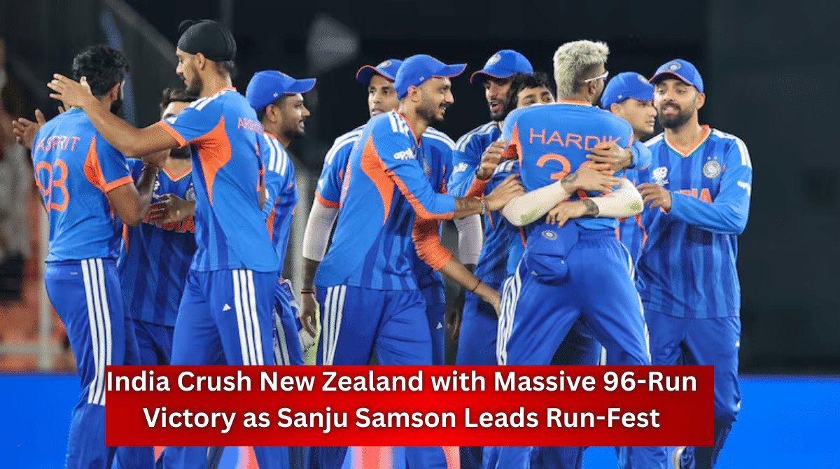 India cricket team players celebrate a wicket during a dominant victory over New Zealand in a T20 match.