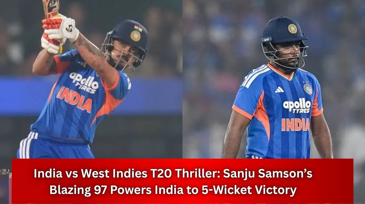 Sanju Samson playing a powerful shot during India vs West Indies T20 match alongside a teammate in blue India jersey