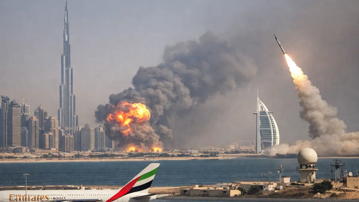 Dubai skyline with visible smoke and missile launch in background amid rising Middle East tensions
